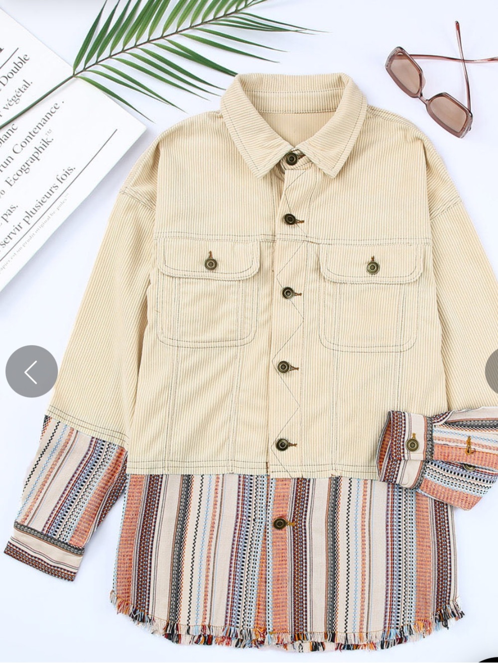 Boho- Women's Cream Corduroy Jacket/Shirt with Striped Hem